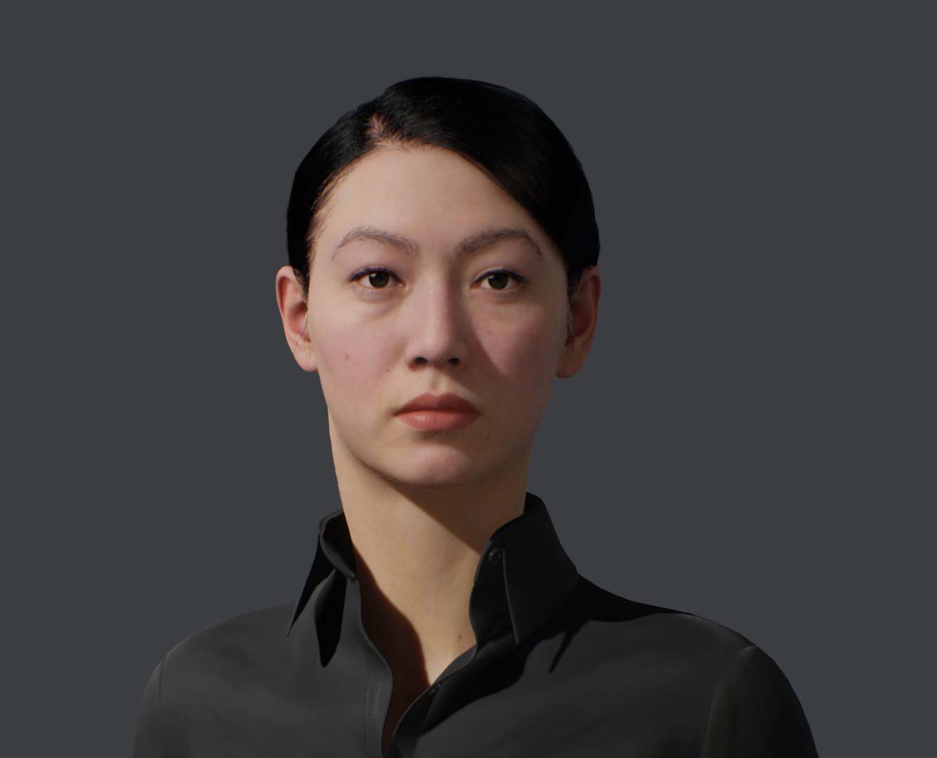 a woman with dark hair wearing a black shirt