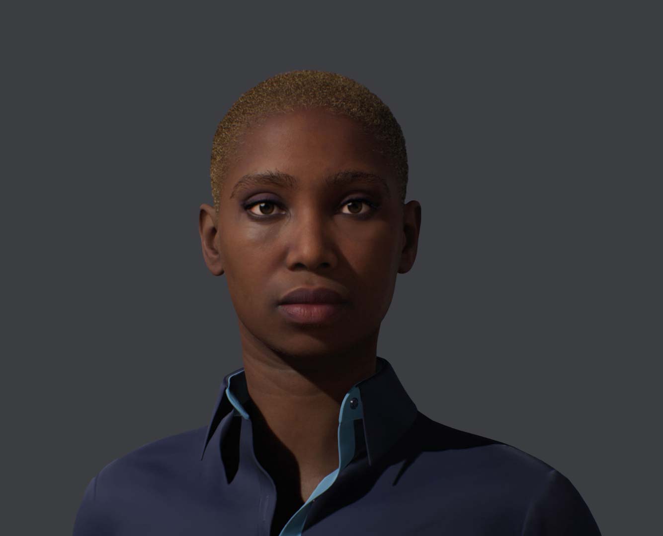 a woman with short hair wearing a blue shirt