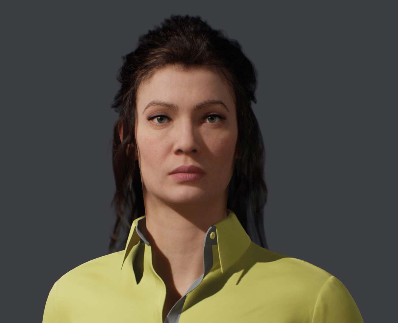 a woman with long hair wearing a yellow shirt