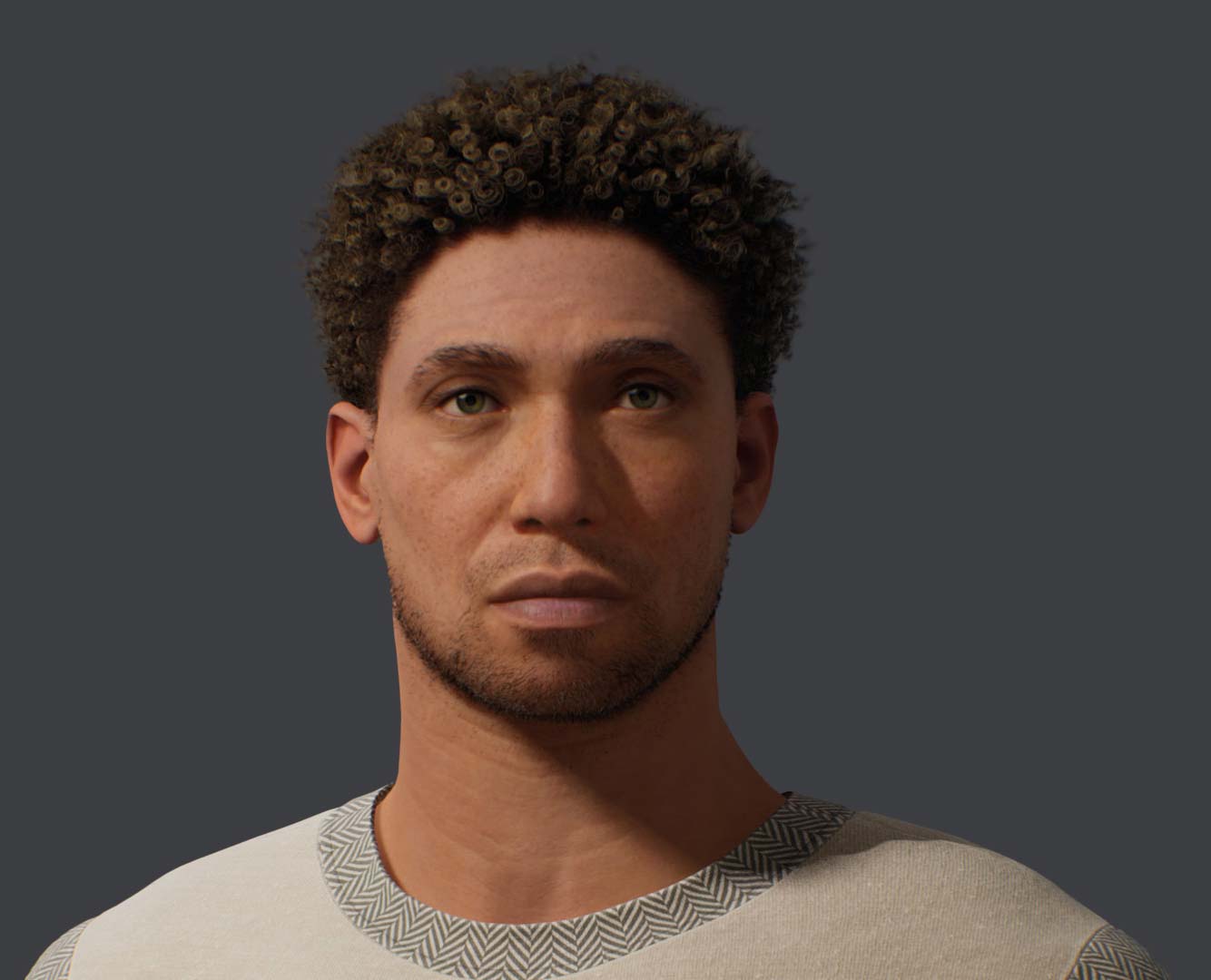 a man with curly hair and green eyes